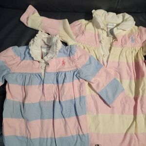 Ralph lauren baby jumper onesie romper (2) set 6 9 mo stripes cream pink blue